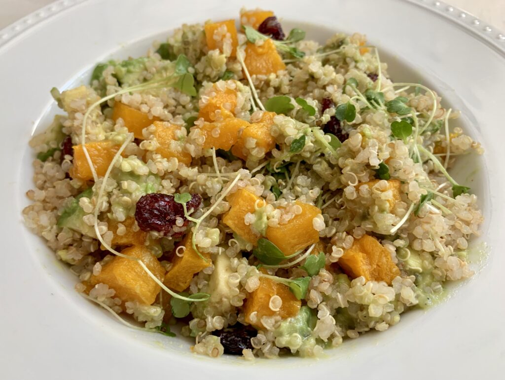 Roasted Butternut Squash & Quinoa Salad blended in bowl