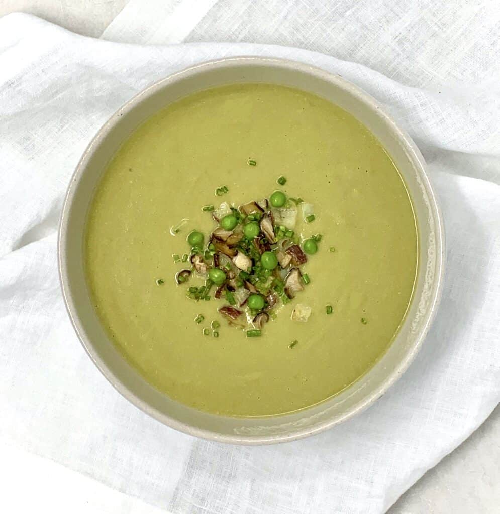 Vegan Split Pea Soup in bowl with toppings