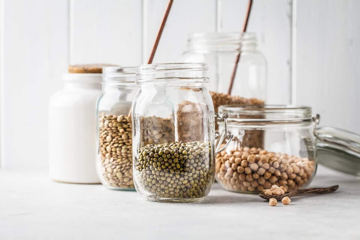 Beans, legumes, nuts in glass jars