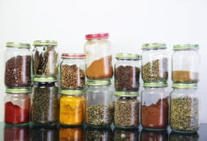 Spices in recycled glass jars