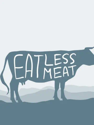 Eat less meat. Cow silhouette graze in the field, landscape, sky, grass, pasture. Blue, gray background. Pollution problem concept Eco, ecology banner poster. Vector illustration