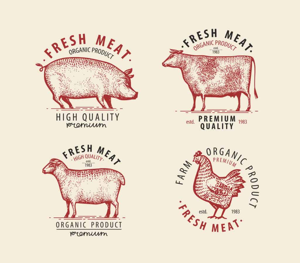 Meat set labels. Butcher shop symbol. Vintage vector illustration