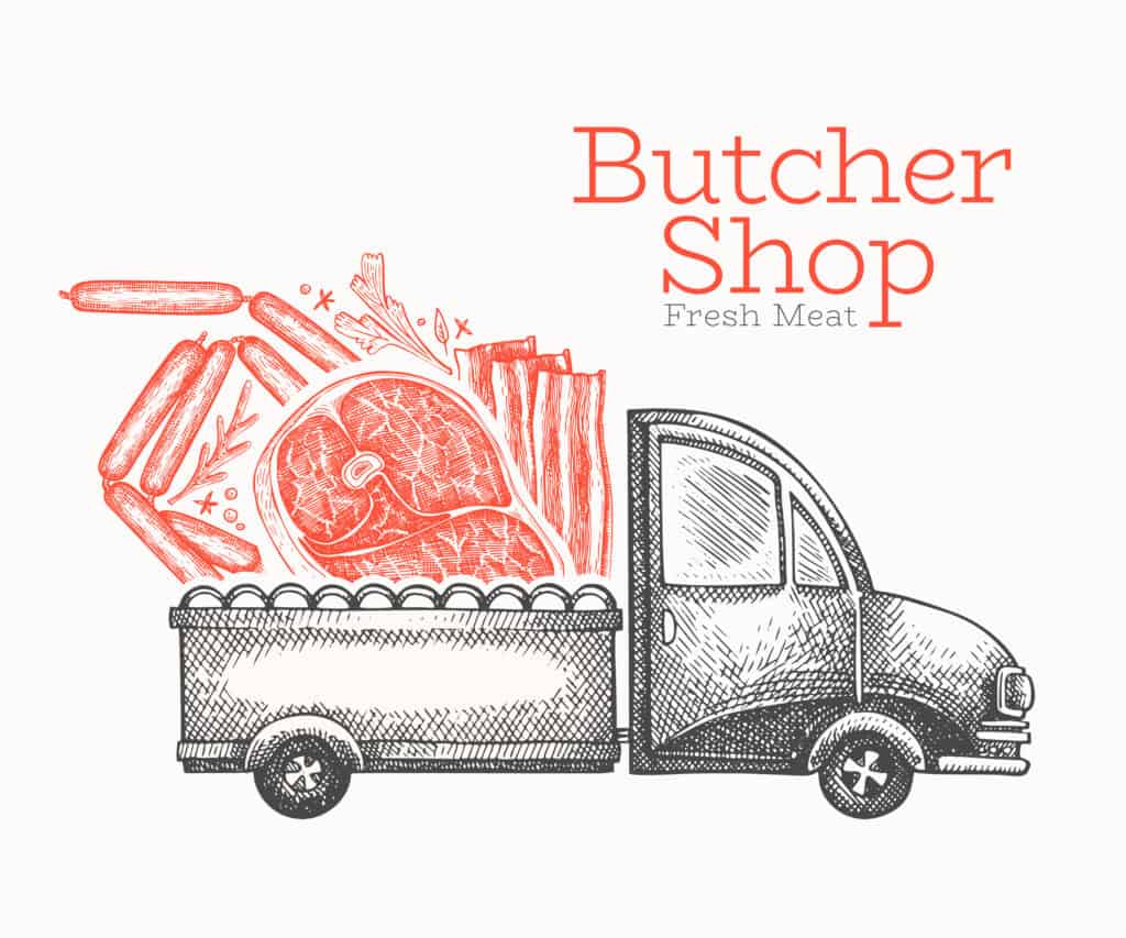 Butcher shop delivery logo template. Hand drawn vector truck with meat illustration. Engraved style vintage food design.