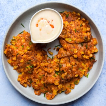 Easy Kimchee & Sweetcorn Fritters plated and ready to eat!
