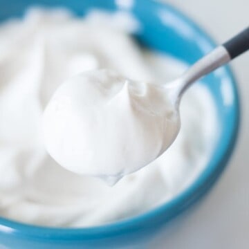 Vegan sour cream in a bowl - close up in a spoon