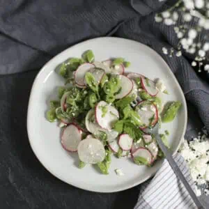 snap pea salad with radishes, mint and feta on a plate