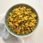 Bowl of vegan butternut squash mac and cheese on the counter ready to eat.